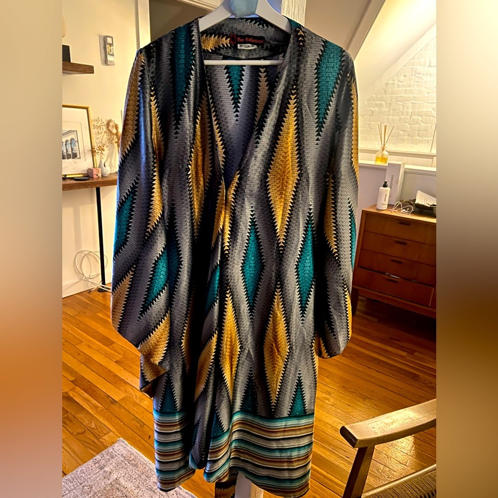 Silk designer dress with gold, teal and silver pattern